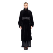 Haina lunga blana naturala vizon, guler tip kimono, negru, 120cm