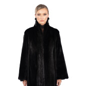 Haina lunga blana naturala vizon, guler tip kimono, negru, 110cm