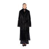Haina lunga blana naturala vizon, guler geometric, negru, 130cm