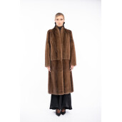 Palton blana naturala vizon, guler tip kimono, culoare naturala maro, 110cm