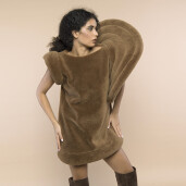 Rochie blana naturala miel Australian tip lana, maneca fantezie, camel, 60cm