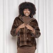Jacheta blana naturala vizon si shearling, maro, 55cm