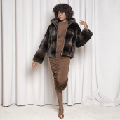 Geaca tip bomber blana naturala vizon, dark brown, 65cm
