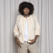 Haina blana naturala vizon si vulpe polara, alb cu bej, 60cm