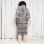 Palton blana naturala vizon, gray saphire, cu gluga, 110cm