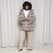 Haina blana naturala vizon, gri, gluga ampla, 80cm