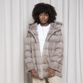 Haina blana naturala vizon, gri, gluga ampla, 80cm