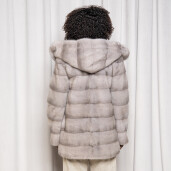 Haina blana naturala vizon, gri, gluga ampla, 80cm