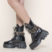 Ghete piele naturala cu catarame blana animal print brown