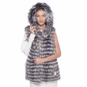 Vesta cu gluga ampla din blana naturala vulpe, gri argintiu, 60cm