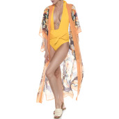 Kimono deschis Dancing Flowers, bordura portocalie, voal  transparent