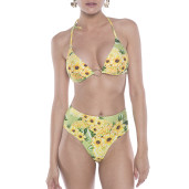 Costum baie 2 piese Sun Flower Bloom, sutien triunghi push-up, slip brazilian talie semi-inalta