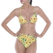 Costum baie 2 piese Sun Flower Bloom, sutien triunghi push-up, slip brazilian talie semi-inalta