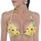 Costum baie 2 piese Sun Flower Bloom, sutien triunghi push-up, slip brazilian talie semi-inalta