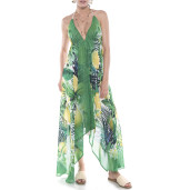 Rochie asimetrica Sweet Lemonade, bordura verde, voal transparent