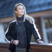 Geaca bomber blana naturala rex-chinchilla, 50cm, negru cu alb