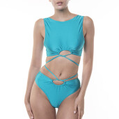 Costum baie 2 piese bustiera cerc cret cu snur si bikini brazilian cerc cret talie si snur Emerald