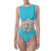 Costum baie 2 piese bustiera cerc cret cu snur si bikini brazilian cerc cret talie si snur Emerald