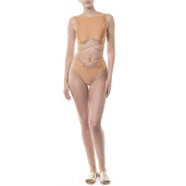 Costum baie 2 piese bustiera cerc cret cu snur si bikini brazilian cerc cret talie si snur, Bronze