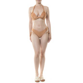 Costum baie 2 piese sutien triunghi push-up cu funde  late si bikini brazilian cret spate si 4 snururi, Bronze