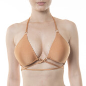 Costum baie 2 piese, sutien push-up triunghi si bikini brazilian snururi, Bronze