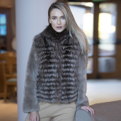 Haina blana naturala vulpe + maneci detasabile de rex-chinchilla taupe, 60cm