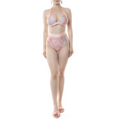 Costum baie 2 piese, sutien push up funde late si bikini brazilian talie inalta cu banda, Paisley Cipria