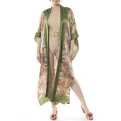 Kimono lung  deschis matase naturala 100%, Tropical Garden bordura verde