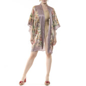 Kimono scurt matase naturala 100%, Tropical Breeze bordura roz pudra