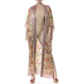 Kimono lung deschis Tropical Breeze, bordura mov pal, matase naturala 100%