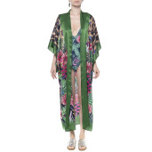 Light kimono, 100% silk, Jungle Vibe print, green border