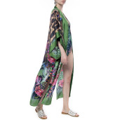 Light kimono, 100% silk, Jungle Vibe print, green border