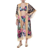 Kimono deschis, matase 100%, imprimeu Jungle Vibe, bordura bej