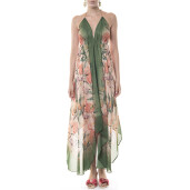 Rochie asimetrica Tropical Breeze, bordura verde, voal transparent