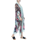 Kimono deschis, voal, imprimeu Jungle Vibe, bordura turcoaz