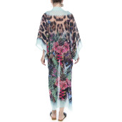 Kimono deschis, voal, imprimeu Jungle Vibe, bordura turcoaz