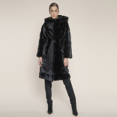 Haina blana naturala vizon selectie speciala black mink, cu gluga, 107cm, 3 haine in 1