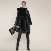 Haina blana naturala vizon selectie speciala black mink, cu gluga, 107cm, 3 haine in 1