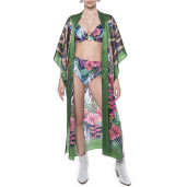 Kimono deschis, matase 100%, imprimeu Jungle Vibe, bordura verde