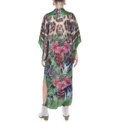 Kimono deschis, matase 100%, imprimeu Jungle Vibe, bordura verde