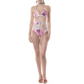 Costum baie 2 piese Wild Orchid, sutien triunghi pus-up si bikini brazilian talie inalta cu snur