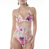 Costum baie 2 piese Wild Orchid, sutien triunghi pus-up si bikini brazilian talie inalta cu snur