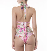 Costum baie 2 piese Wild Orchid, sutien triunghi pus-up si bikini brazilian talie inalta cu snur