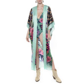 Kimono deschis, matase 100%, imprimeu Jungle Vibe, bordura turcoaz