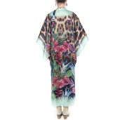 Kimono deschis, matase 100%, imprimeu Jungle Vibe, bordura turcoaz