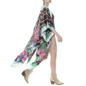 Kimono deschis, matase 100%, imprimeu Jungle Vibe, bordura turcoaz