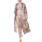 Kimono deschis, matase 100%, imprimeu Tropical Breeze bordura mov pal