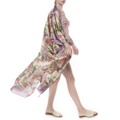 Kimono deschis, matase 100%, imprimeu Tropical Breeze bordura mov pal
