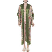 Kimono deschis Tropical Breeze, bordura verde, matase naturala 100%