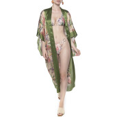 Kimono deschis Tropical Breeze, bordura verde, matase naturala 100%